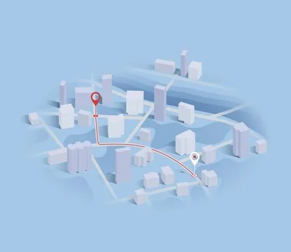 Isometric navigation on city concept. Geolocation yellow pin on street. City map Stock Illustration