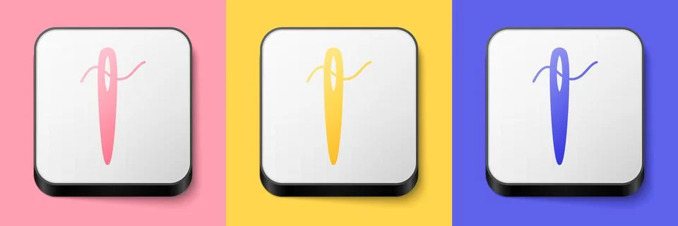 Isometric Needle for sewing with thread icon isolated on pink, yellow and blue Stock Illustration