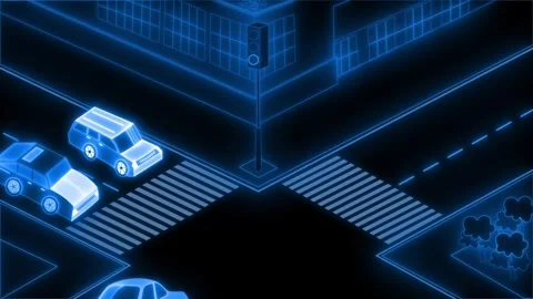 Isometric neon city intersection at night with crosswalks animation Stock Footage 334764577