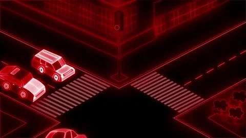 Isometric neon city intersection at night with crosswalks animation Stock Footage 334764578