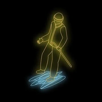 Isometric neon sign of elderly man carefully walking on ice with walking stic Stock Illustration