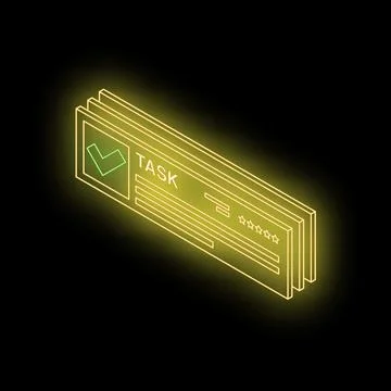 Isometric neon task management bars with a green check mark and five star rat Illustrazione stock