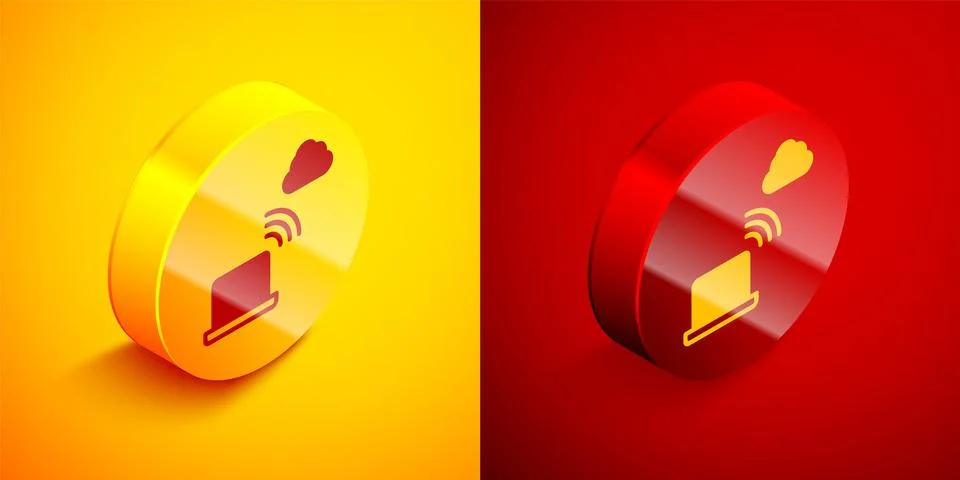 Isometric Network cloud connection icon isolated on orange and red background Stock Illustration
