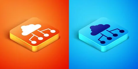 Isometric Network cloud connection icon isolated on orange and blue background Illustrazione stock