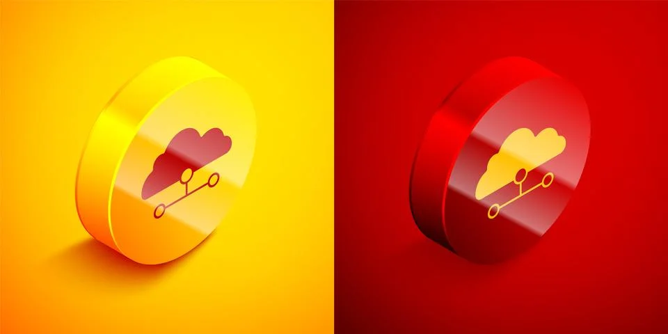Isometric Network cloud connection icon isolated on orange and red backgrou.. Stock Illustration