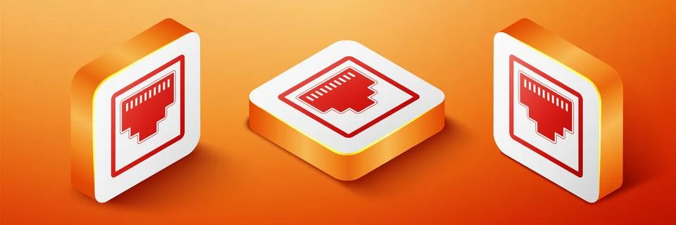 Isometric Network port - cable socket icon isolated on orange background. LAN Stock Illustration