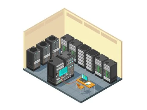 Isometric network server room with row of computer equipments Illustrazione stock