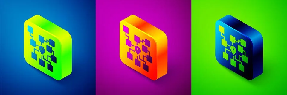 Isometric Neural network icon isolated on blue, purple and green background Stock Illustration