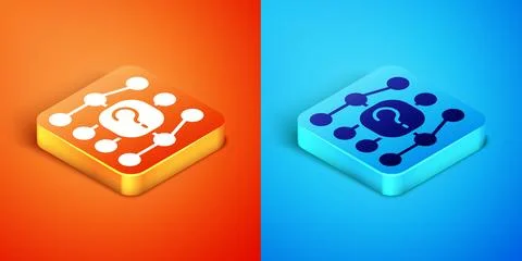 Isometric Neural network icon isolated on orange and blue background. Artif.. Stock Illustration