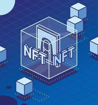 Isometric NFT. Artwork Inside of Transparent Cube. Blockchain Technology. Stock Illustration