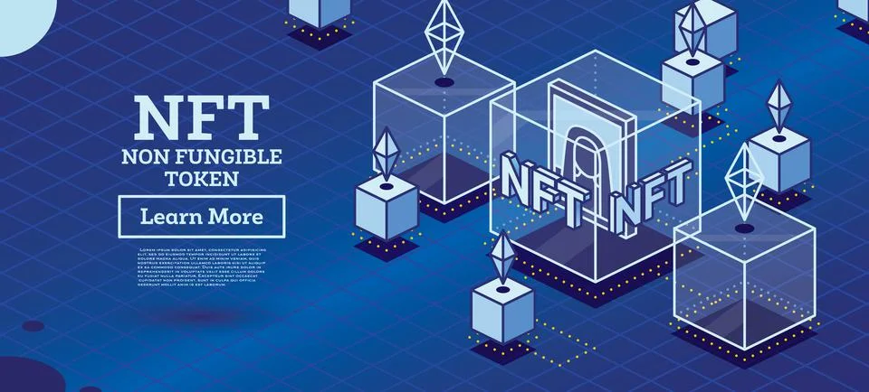 Isometric NFT. Artwork Inside of Transparent Cube. Blockchain Technology. Stock Illustration
