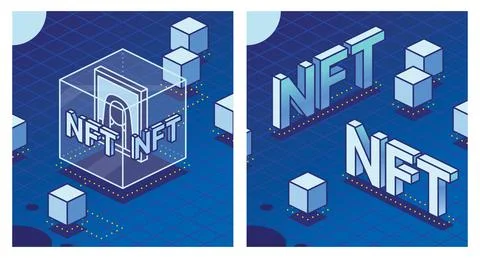 Isometric NFT. Artwork Inside of Transparent Cube. Blockchain Technology. T.. Illustrazione stock