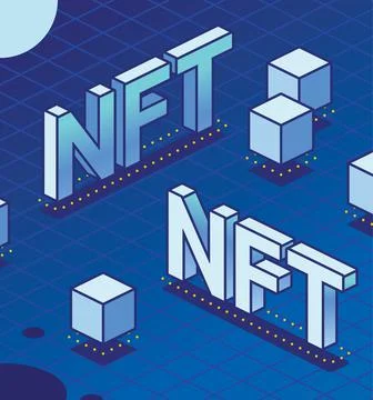 Isometric NFT. Blockchain Technology. Two Words with Cubes. Stock Illustration
