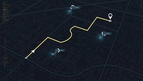 Isometric night city map displaying yellow navigation route with multiple stops Stock Illustration