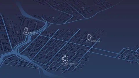 Isometric night city map featuring GPS location markers and digital coordinate Stock Illustration