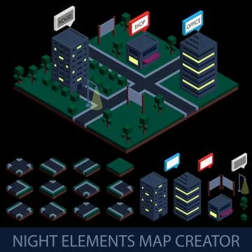 Isometric night elements map creator 스톡 일러스트