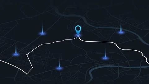 Isometric night map perspective with illuminated route and vertical signal Stock Illustration