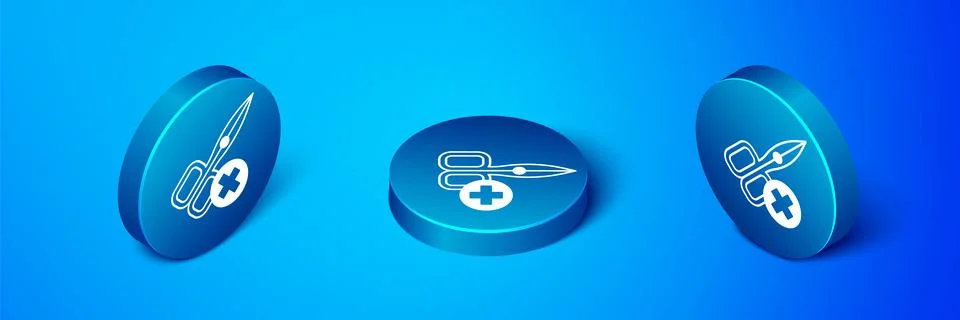 Isometric No scissors icon isolated on blue background. Blue circle button... Stock Illustration