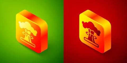 Isometric Nuclear explosion icon isolated on green and red background. Atomic Stock Illustration