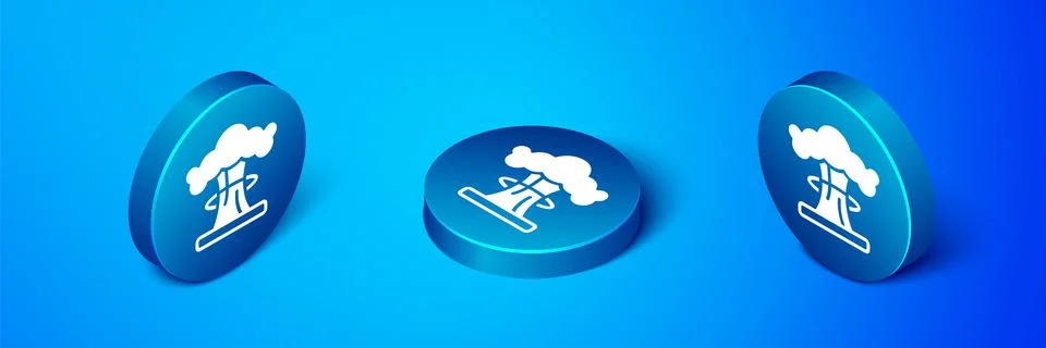 Isometric Nuclear explosion icon isolated on blue background. Atomic bomb Ilustración de archivo