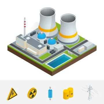Isometric nuclear power station, reactors, energy generation related facilities Stock Illustration