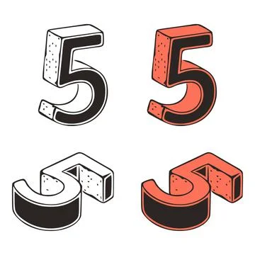 Isometric number 5 doodle vector illustration on white background. Stylized n Illustrazione stock