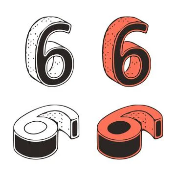 Isometric number 6 doodle vector illustration on white background. Stylized n Stock Illustration