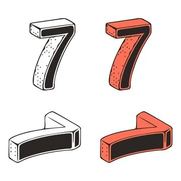 Isometric number 7 doodle vector illustration on white background. Stylized n Stock Illustration