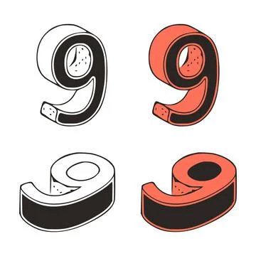 Isometric number 9 doodle vector illustration on white background. Stylized n Stock Illustration