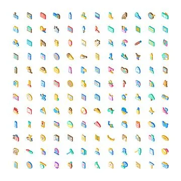 Isometric objects set showcasing diverse icons collection Stock Illustration