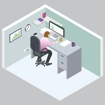 Isometric office 3d vector illustration. A woman working on the computer. Wor Stock Illustration