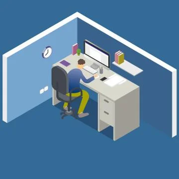 Isometric office 3d vector illustration. A man working on the computer. Works Stock-Illustration