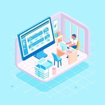 Isometric office admin check financial banking payment billing cash management Illustrazione stock