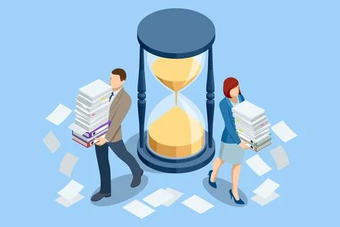 Isometric office deadline concept with businessman and businesswoman carrying Stockillustratie