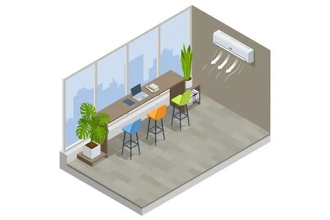 Isometric office interior with air conditioner and modern furniture. Climate 스톡 일러스트