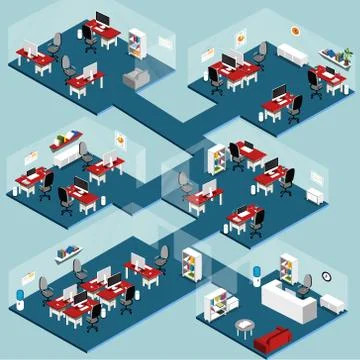 Isometric Office Interior. Vector Illustration of Departments in a Company. Stock-Illustration
