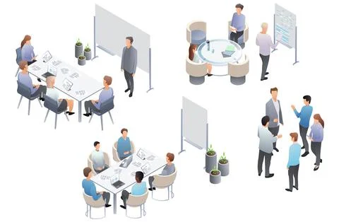 Isometric office meeting set featuring business presentations team collabor. Stock Illustration