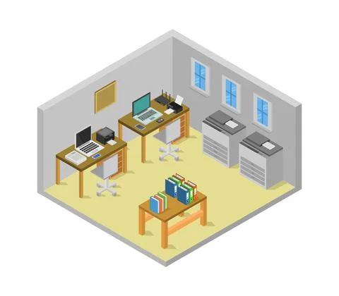 Isometric office room illustrated in vector on white background Stock Illustration
