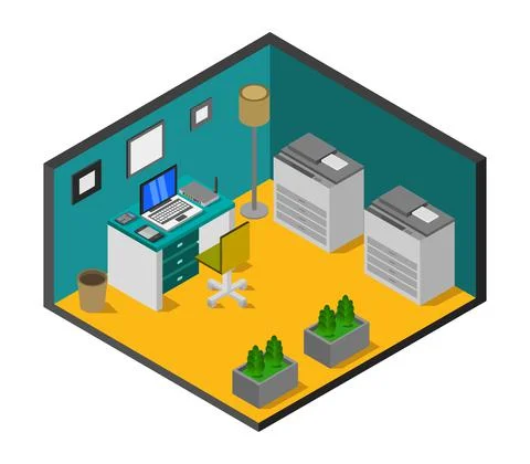 Isometric office room in vector on white background Stock Illustration