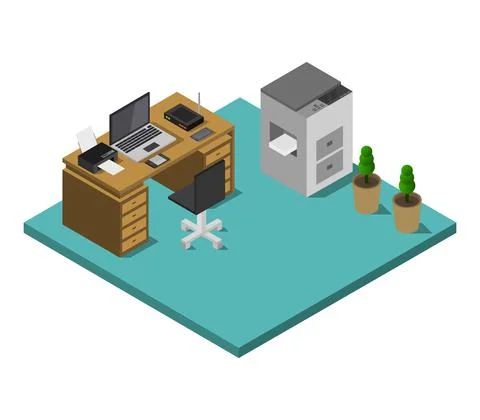 Isometric office room in vector on white background Stock Illustration