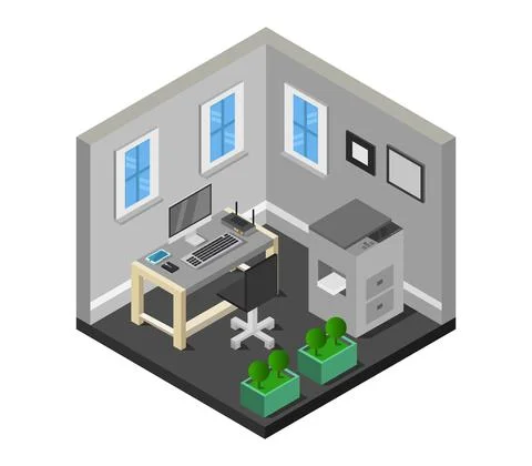 Isometric office room in vector on white background 스톡 일러스트