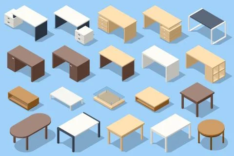 Isometric office table, white empty table, furniture for office and business Stock Illustration
