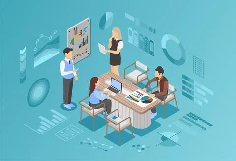 Isometric office team working. Brainstorm process, managers discuss graphs Stock Illustration