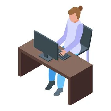 Isometric office worker at computer desk Illustrazione stock