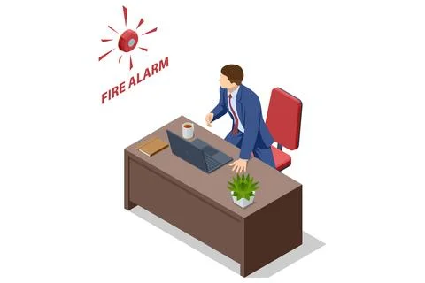 Isometric office worker reacting to fire alarm during workplace emergency Stock Illustration