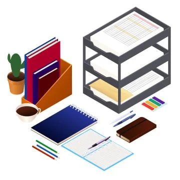 Isometric office workplace. paper work concept Stock Illustration