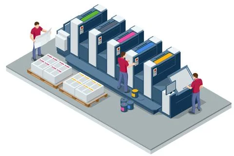 Isometric offset printing machine during production. Printing presses at work in Stock Illustration