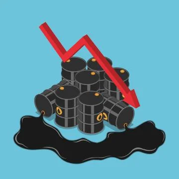 Isometric oil barrels with falling graph. Stock Illustration