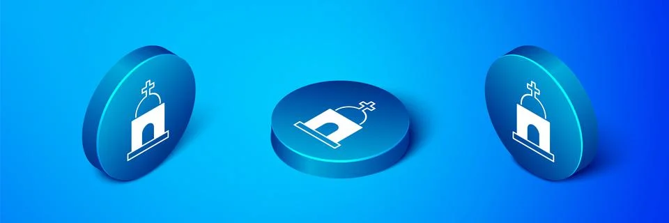 Isometric Old crypt icon isolated on blue background. Cemetery symbol. Ossuary Ilustración de archivo