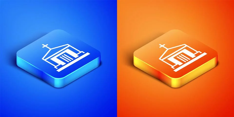 Isometric Old crypt icon isolated on blue and orange background. Cemetery s.. Ilustración de archivo